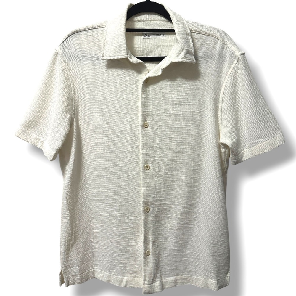 Zara Textured Camp Shirt Short Sleeve Button Down Collar Off White S Casual